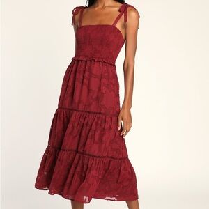Lulu's Wine Red Midi Tie-Shoulder Tiered Dress